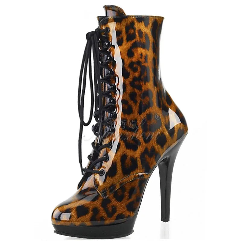 Exotic 20 cm Leopard Print Gothic Stripper Heels Size 34-46 8Inch Platform Ankle Boots Strip Pole Dance Catwalk Round Toe Women
