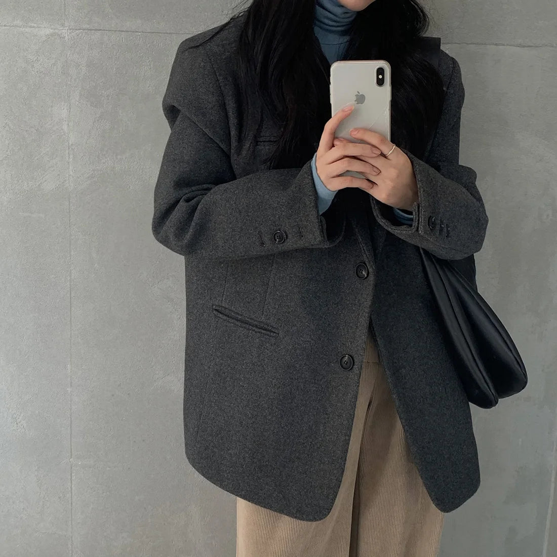 Chic Autumn Winter Thiened Long Sve Pure Color Woolen Suit Jaet Women Casual Versatile Loose Fit Commute Sle Coat