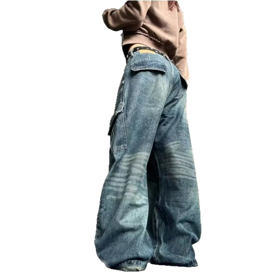 American High Street Multi Pocket Knife Jeans Loose Design Wide Leg Pants for Men And Women Autumn Winter Trendy Casual Jeans