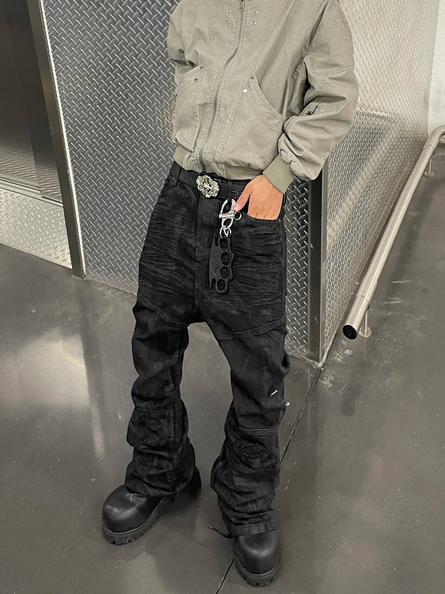 American Vibe Retro Hip Hop 3D Dark Jeans Men Straight Leg Slimming Long Pants Vintage Washed out Fit Jeans