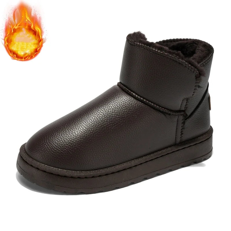 Couple Style Men's and Women's High-Top Leather Waterproof Snow Boots Plus Velvet Warm Boots and Cotton Shoes