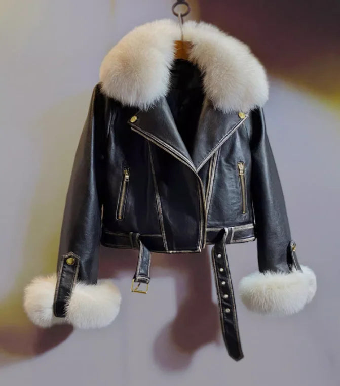 Temperament Black Leather Jacket Women 2026 Winter Real Fox Fur Short High Waist PU Leather Coat Slim-Fitting Coats