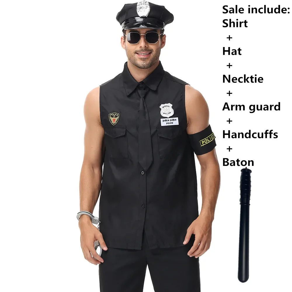 Adult Man America U.S. Police Costume Top Shirt Men Cop Cosplay Halloween Clothing Set