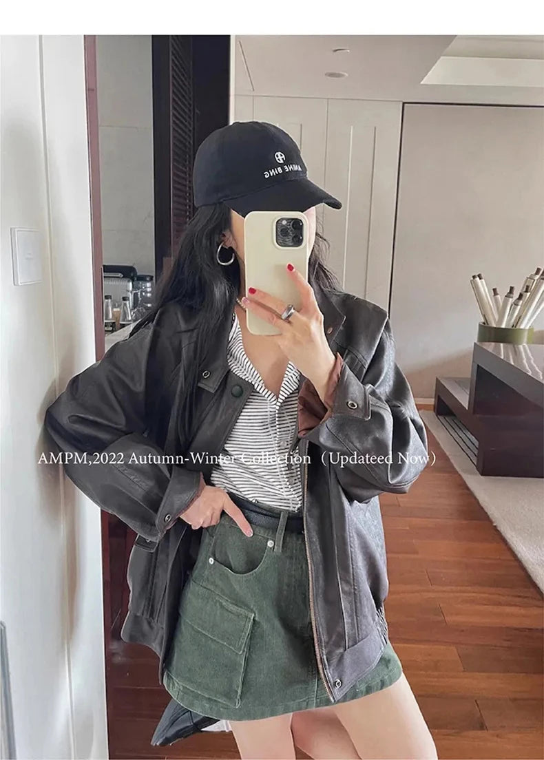 Lautaro Autumn Cool Brown Oversized Leather Jacket Women Drop Shoulder Long Sleeve Zippper High Quality American Retro Clothing