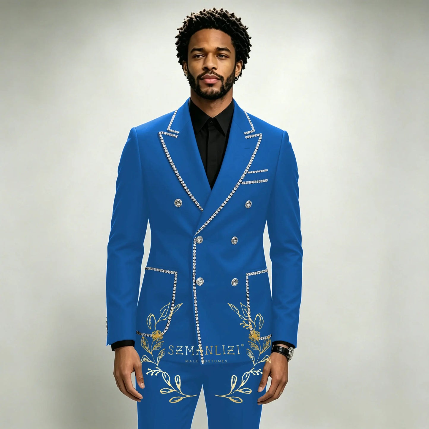 Luxury Men's Suits 2 Pieces Royal Blue Crystals Peaked Lapel Double Breasted Groom Wedding Tuxedo Wear Formal Party Prom Suits