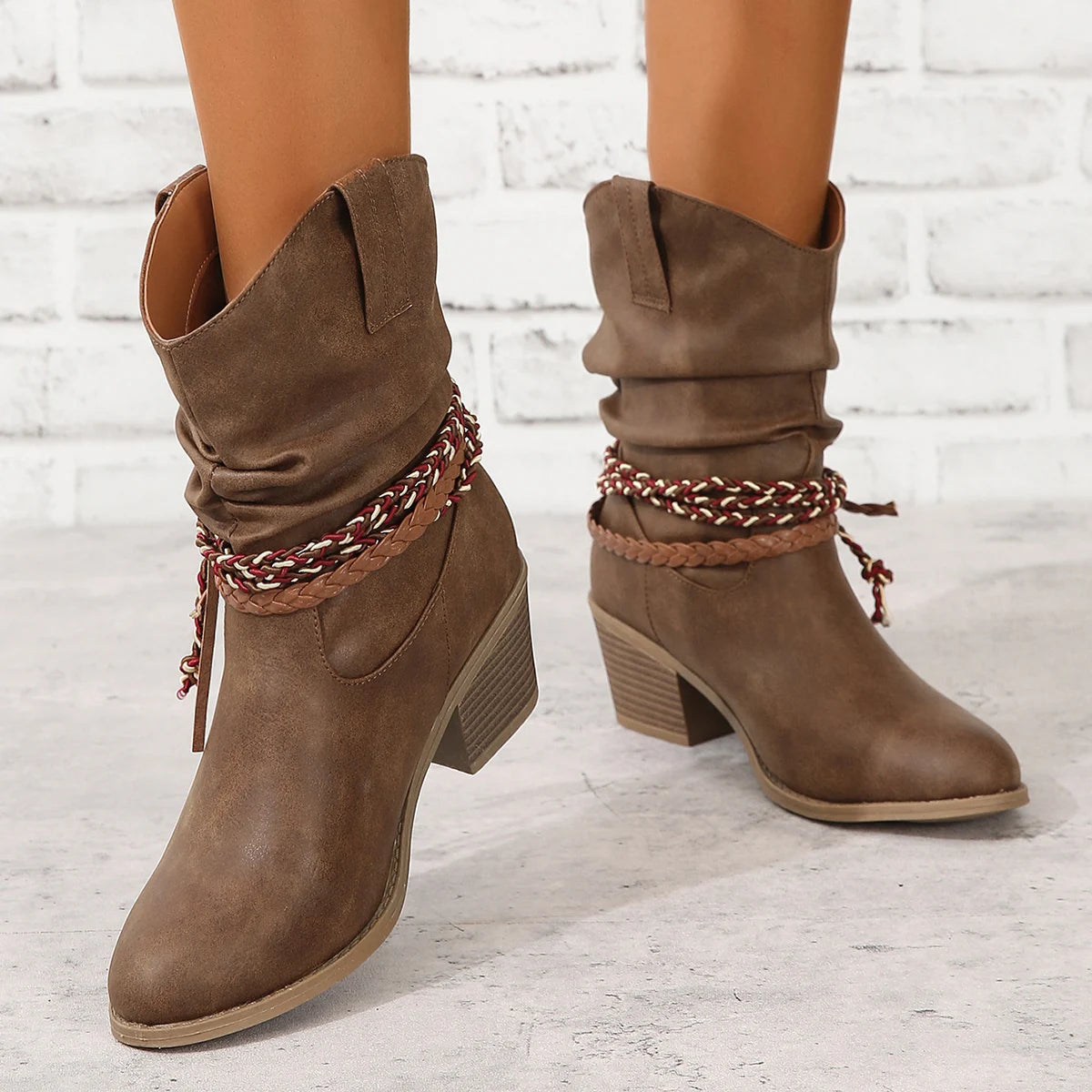 Pleated Fringed Thick Heels High Heels Fringed Boots Braids Round Toe European and American Mid-Top Women's Boots