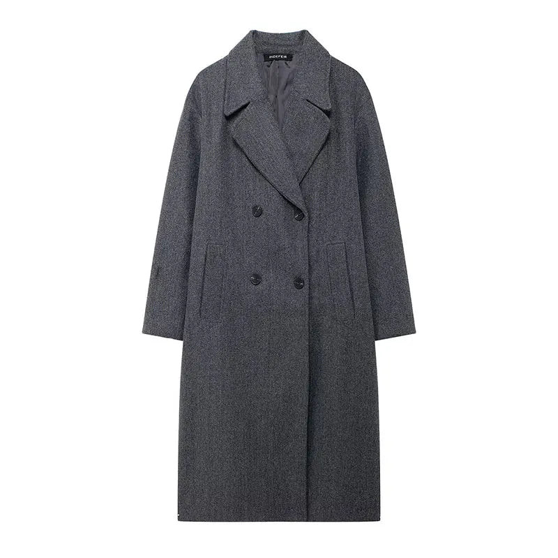 Winter Coat For Women 2024 Solid Lapel Double Breasted Long Cardigan Top Female Pokcet Streetwear Woman New In OuterCoat
