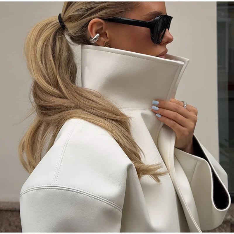 Street White Faux Leather Cropped Jacket Women Loose Stand Collar Wide Sleeve Coat 2026 Autumn Lady PU Motorcycle Daily Outwear