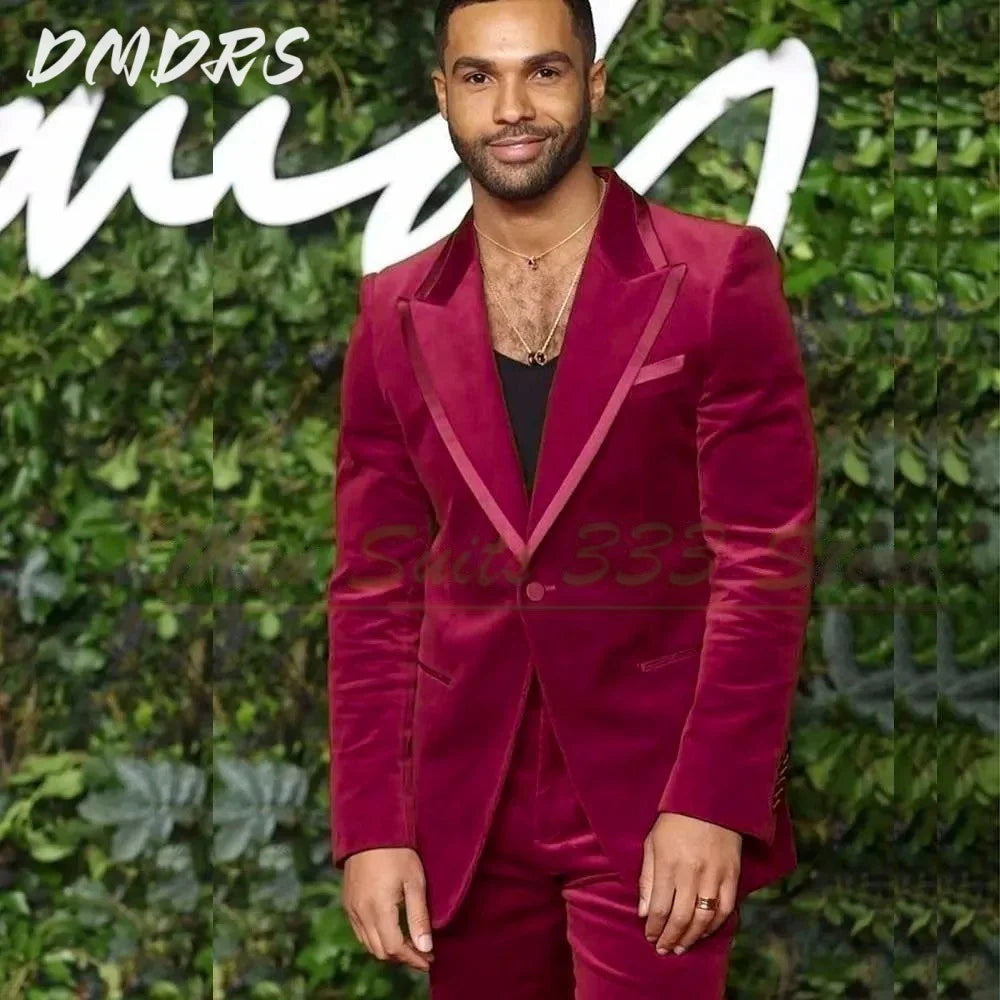 Elegant V-neck Velvet Single button Men Suits High Quality Fashion 2 PCS Jacket Pants Classic Groom 2026 Wedding Slim Fit Outfit