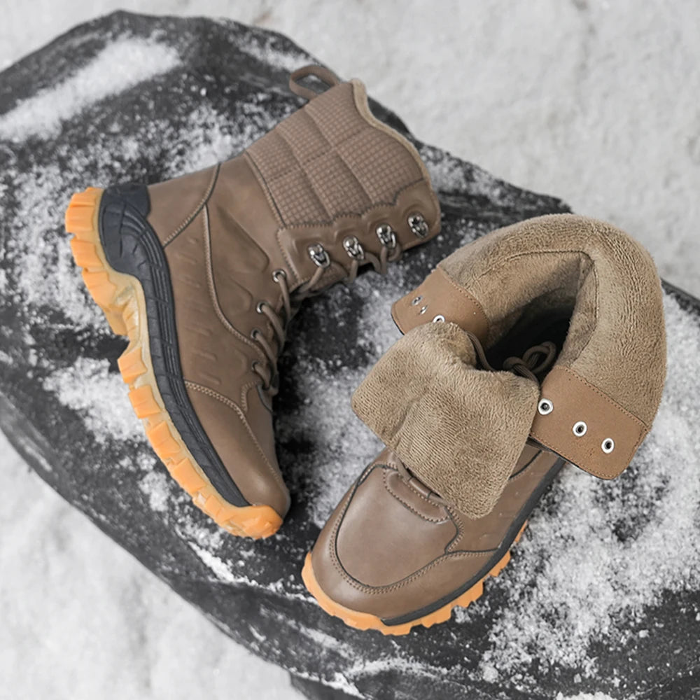Men's Waterproof Winter Snow Boots, Anti-Slip Warm Fur Lined High-Top Outdoor Hiking Work Boots for Cold Weather