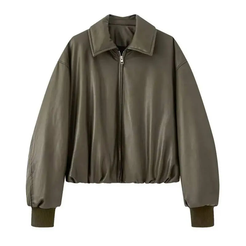 SHENGPALAE Women's Fashion 2026 Autumn Winter New Clothes Solid Color Leather Thicken Warm Female Short Cotton Jacket 5C1437