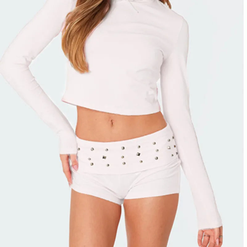 Women Y2K Studded Foldover Vintage Low Waist Slim Summer Boxer Low Waist Slim Fit Micro Shorts Party Clubwear Skinny Bottoms