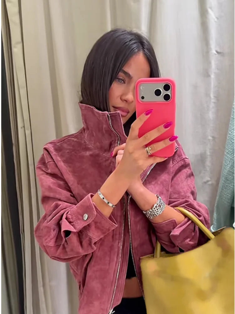 Women Stand Collar Leather Pilot Jacket Red Zipper Cropped Coat Fashion Casual Fashion Outerwear 2026 New Arrival Streetwear