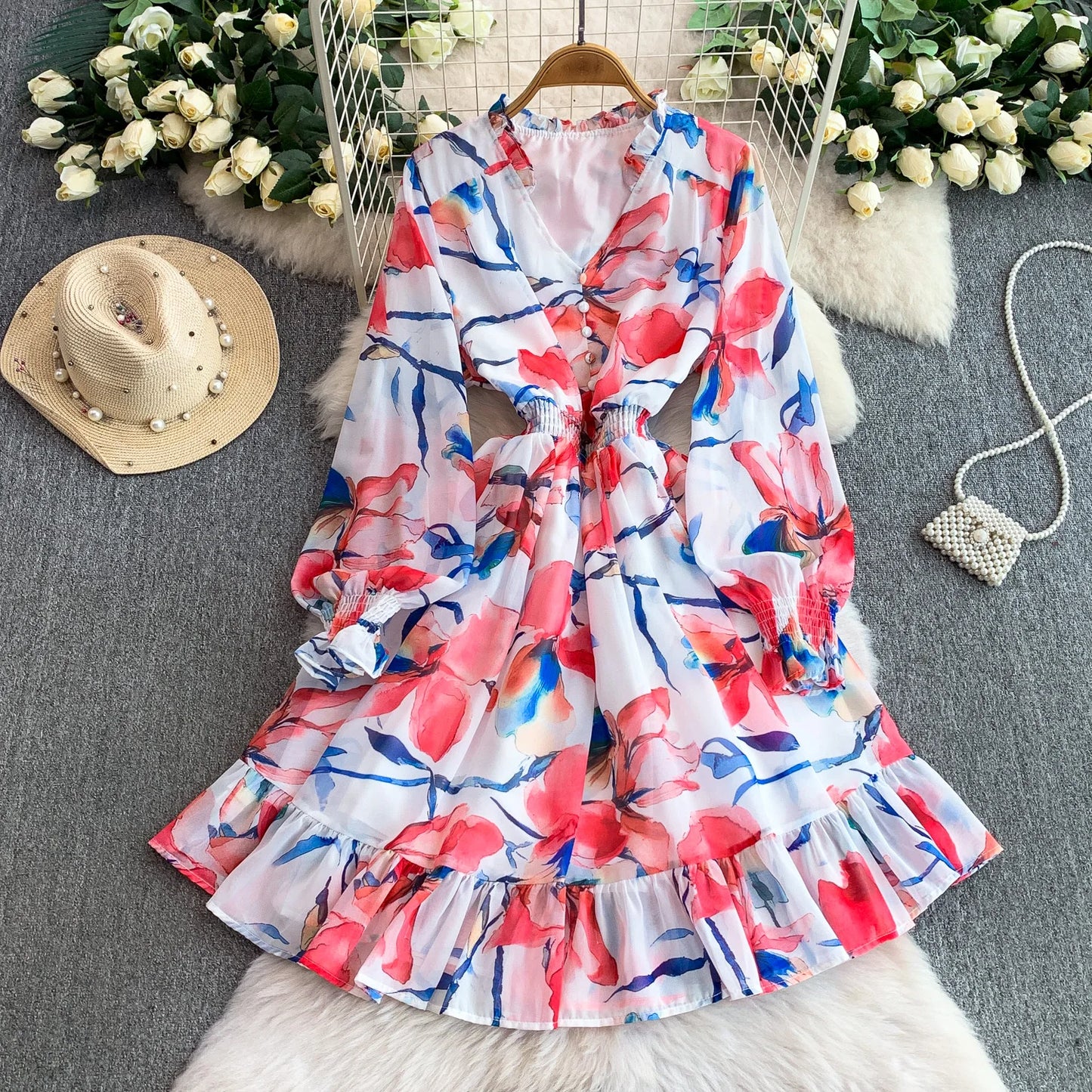 Vaion Sle V-Ne Printed Chiffon Women's Dr Elastic Waist Slimming A-Line Midi Skirt Bell Sve Long Sve Winter D...