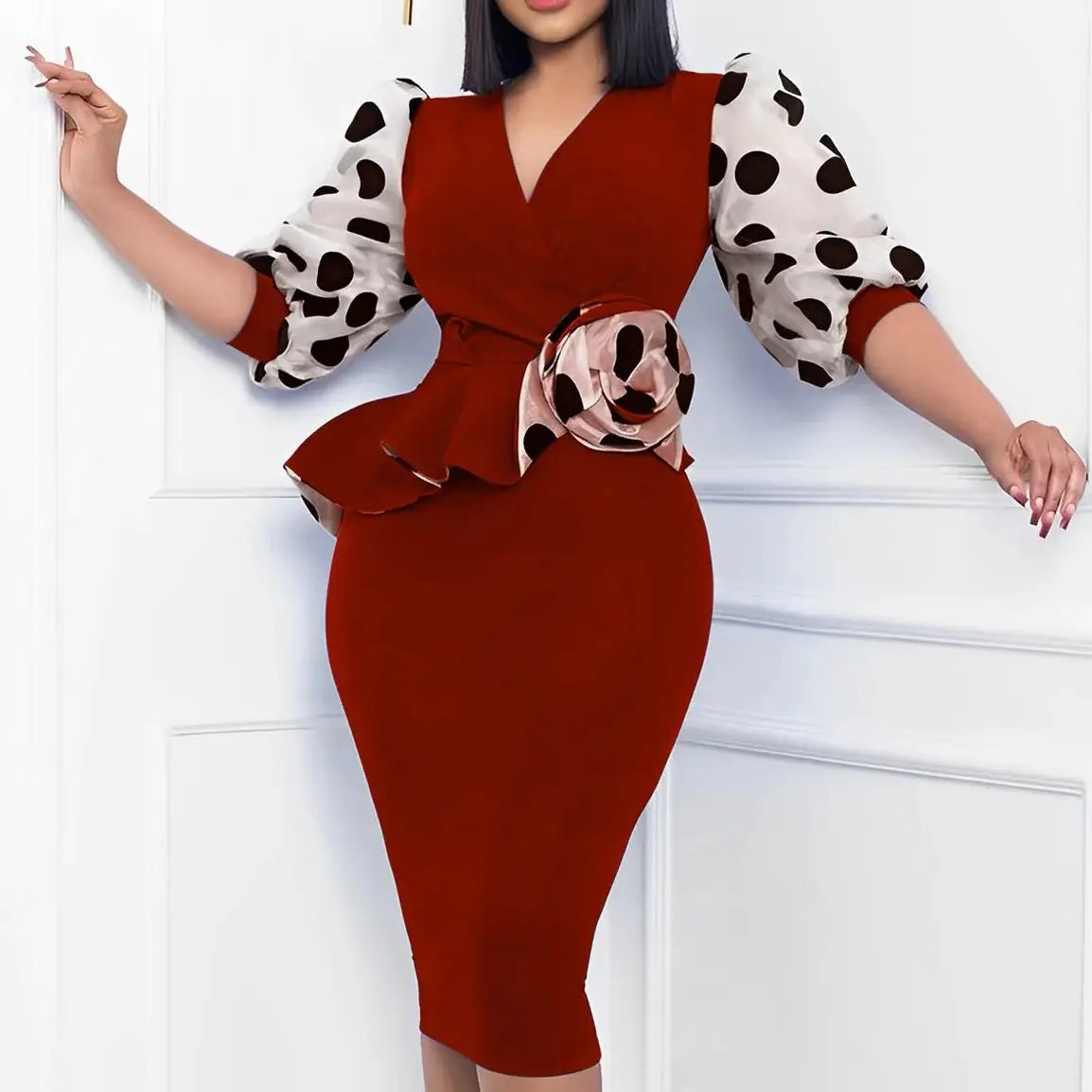 Elegant Dot Mesh Stitching V-neck Puff Sleeve Floral Appliques Bodycon Dress Women Ruffles Waist OL Even Party Dresses Vestidos