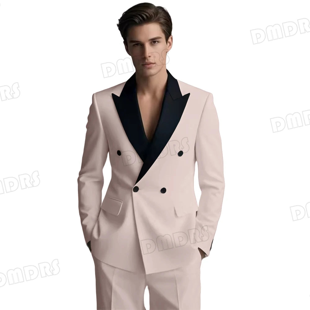 Slim Fitting White Suit Set for Men, Black Collar, 2 Pieces Formal Suits, Wedding Tuxedo, Customized Colors Blazer and Pant Set