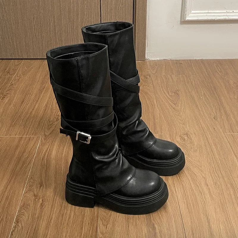 Vintage Thick Heel Women Knight Long Boots Fashion Slip On Knee High Booties Autumn Winter Shoes Zapatos De Mujer