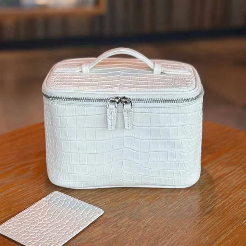 Firstgrain Cowhide Himalayan Crocodile Pattern Vanity Case Genuine Leather Square Portable Large-Capacity Hand-Held Cosmetic Bag