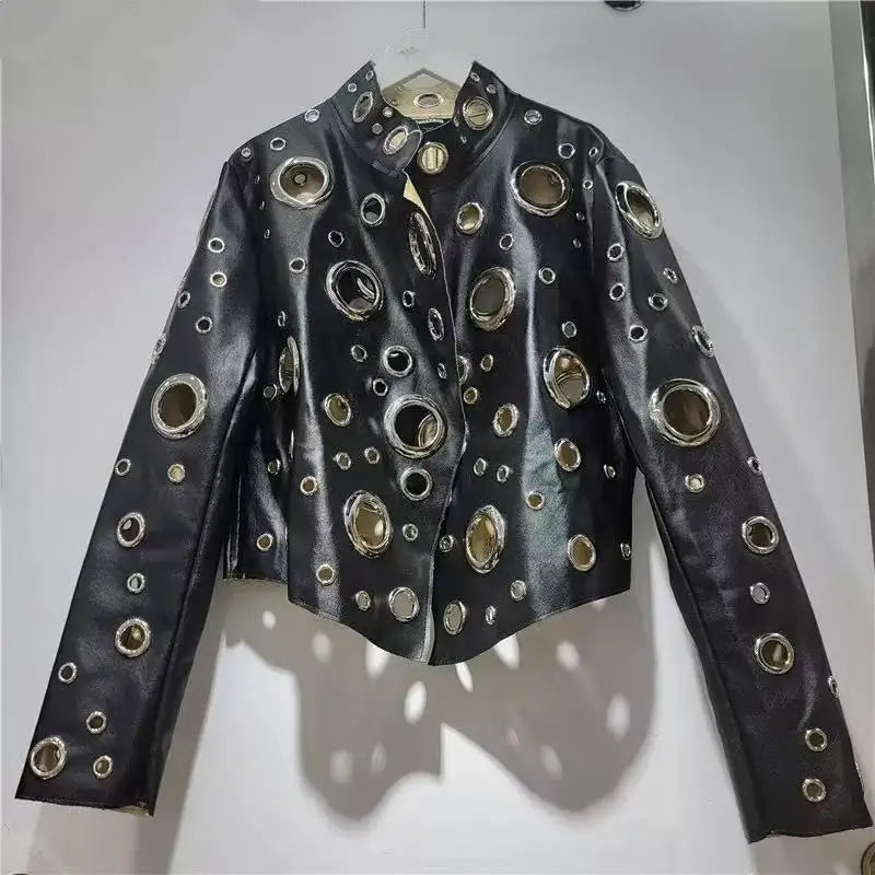 DEAT 2026 Autumn High Street Style Hollow Out Ring Short PU Leather Jacket For Women Stand-up Collar Long Sleeve Coats 29A9499