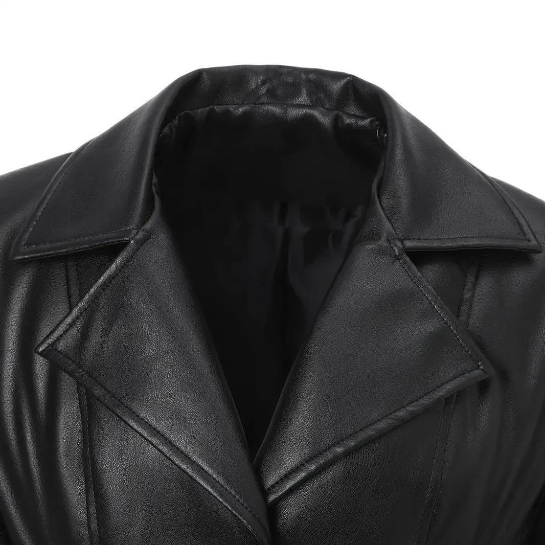 Street PU Leather Women Jacket Black Long Sleeve Button Pocket Turn-down Collar Female Coat 2026 Autumn Winter Lady Outwear