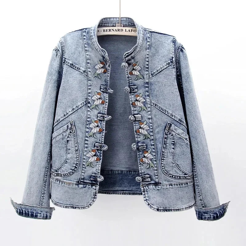 Women 2026 Spring Embroidered Denim Jacket New Short Jackets Cardigan Cowboy Coat Basic Jacket Female Plus Size 3XL