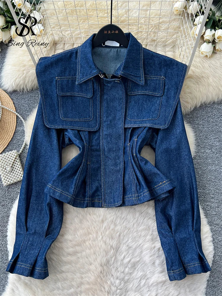 SINGREINY Fashion Senior Denim Jacket New French Classic Lapel Full Sleeves Slim Outwear Women Autumn Chic Elegant Workwear Coat