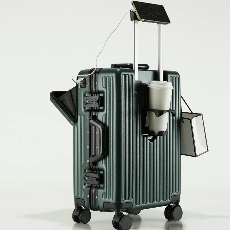 New 20'' Boarding Box Front Opening Suitcase Aluminium Frame 24/27 inch Rolling Luggage with Cup Holder Mobile Phone Holder