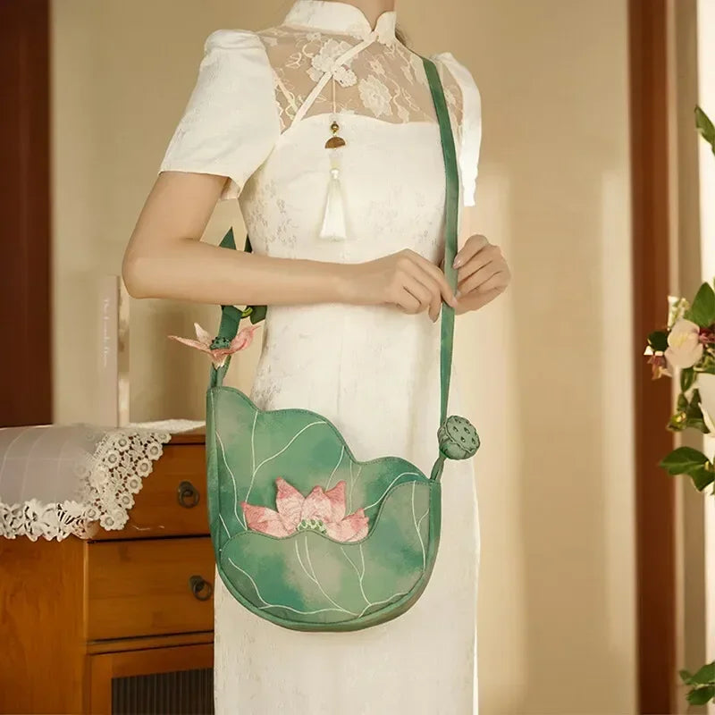 Elegant Chinese Style Lotus Leaf Floral Embroidery Shoulder Bag for Women Designer Handbag Fashionable Female Bag New Collection