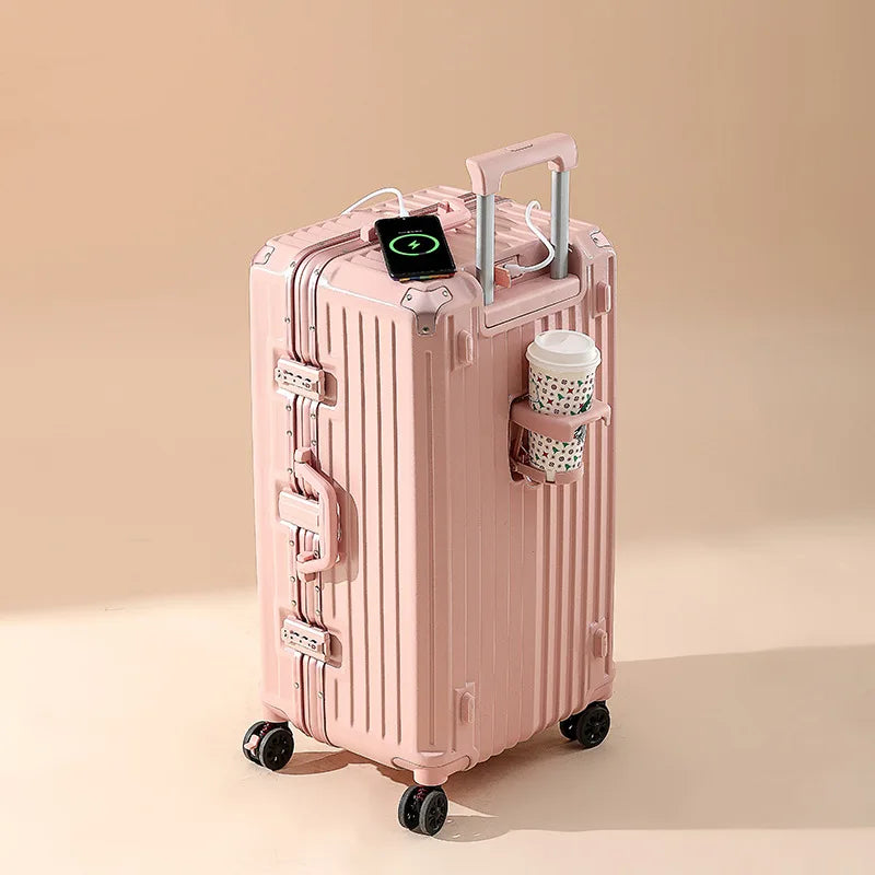 Five-wheeled Luggage 34 inch Thicken Aluminum Frame Suitcase USB Cup Holder Large Capacity TSA Lock Trolley Case Brake Wheel 24"