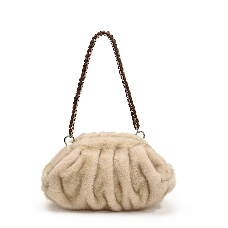MOODS Pleated Design Faux Fur Shoulder Bags For Women 2024 Luxury Designer Purses And Handbags Winter Warm Soft Plush Hobo Bags
