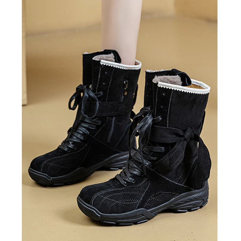 2025 Winter Genuine Leather Shoes Women Suede Boots Thick Sole 4.5cm Non-slip Warm Plush Fashion Brand Ladies Snow Boots D717