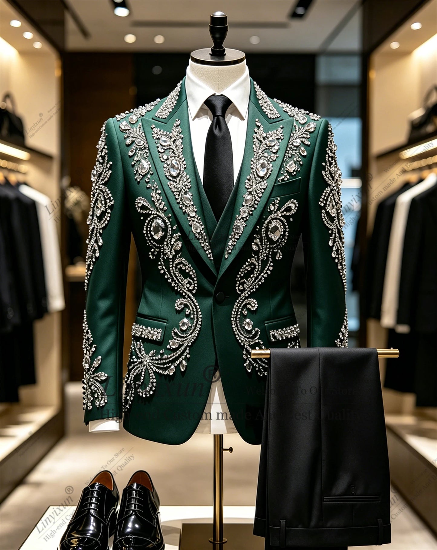 Shiny Plears Beaded Men Suits 3 Pieces Sets Groom Tuxedos Customized Party Prom Blazer Slim Fit Dinner Wedding Costume Homme