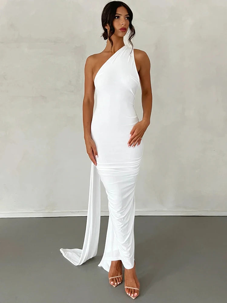 Dulzura One Shoulder Backless Ruched Slim Ribbon Long Dress Women Solid Sexy Elegant Dress Evening Party Club Prom Summer Outfit