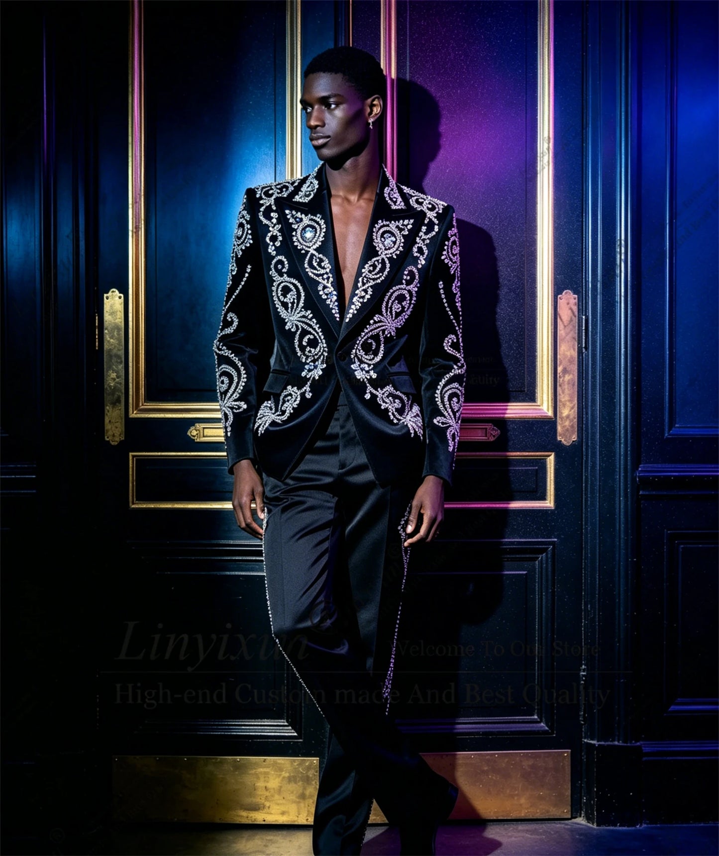 Luxury Metal Embellished Diamond Men Suits Peaked Lapel Groom Tuxedos Party Prom Blazer Customized 2 Pieces Sets Costume Homme