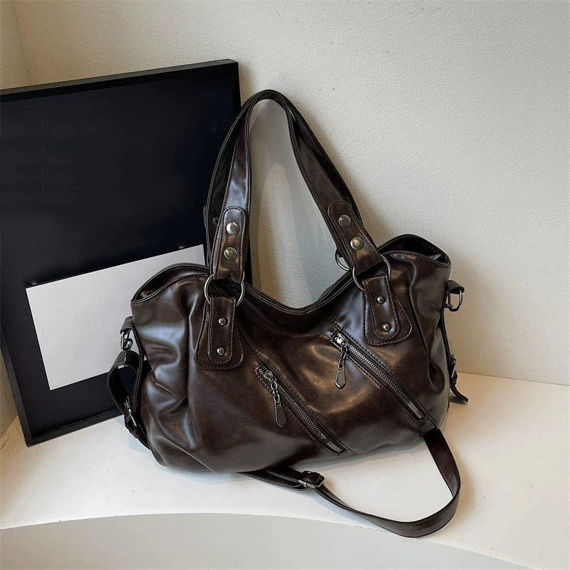 Retro Brand Roomy Shoulder Bag Female Luxury Solid Color Classic Crossbody Bag Large Capacity Style Soft PU Leather Tote Bag