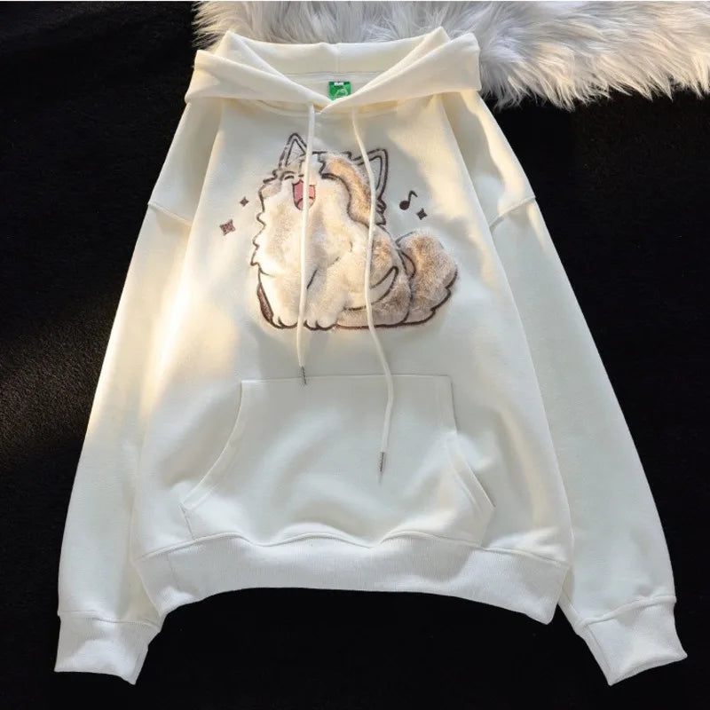 Cute Kawaii Cat Hoodies Women 2025 New Autumn Winter Thick Women Pulovers Fleece Inside Hooded Sweatshirt Girls Y2k Streetwear