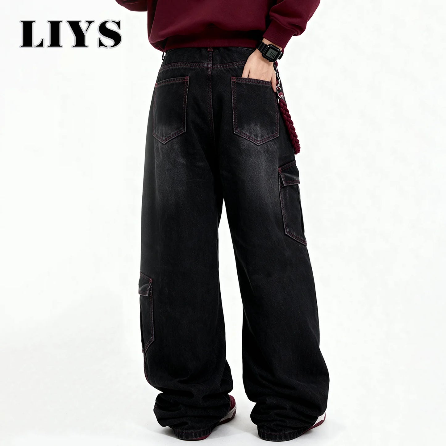 Men's American Street Retro Deconstruction Loose Wide Leg Jeans Unisex Baggy Men's Clothes Multi Pocket Skateboard Pants Jeans