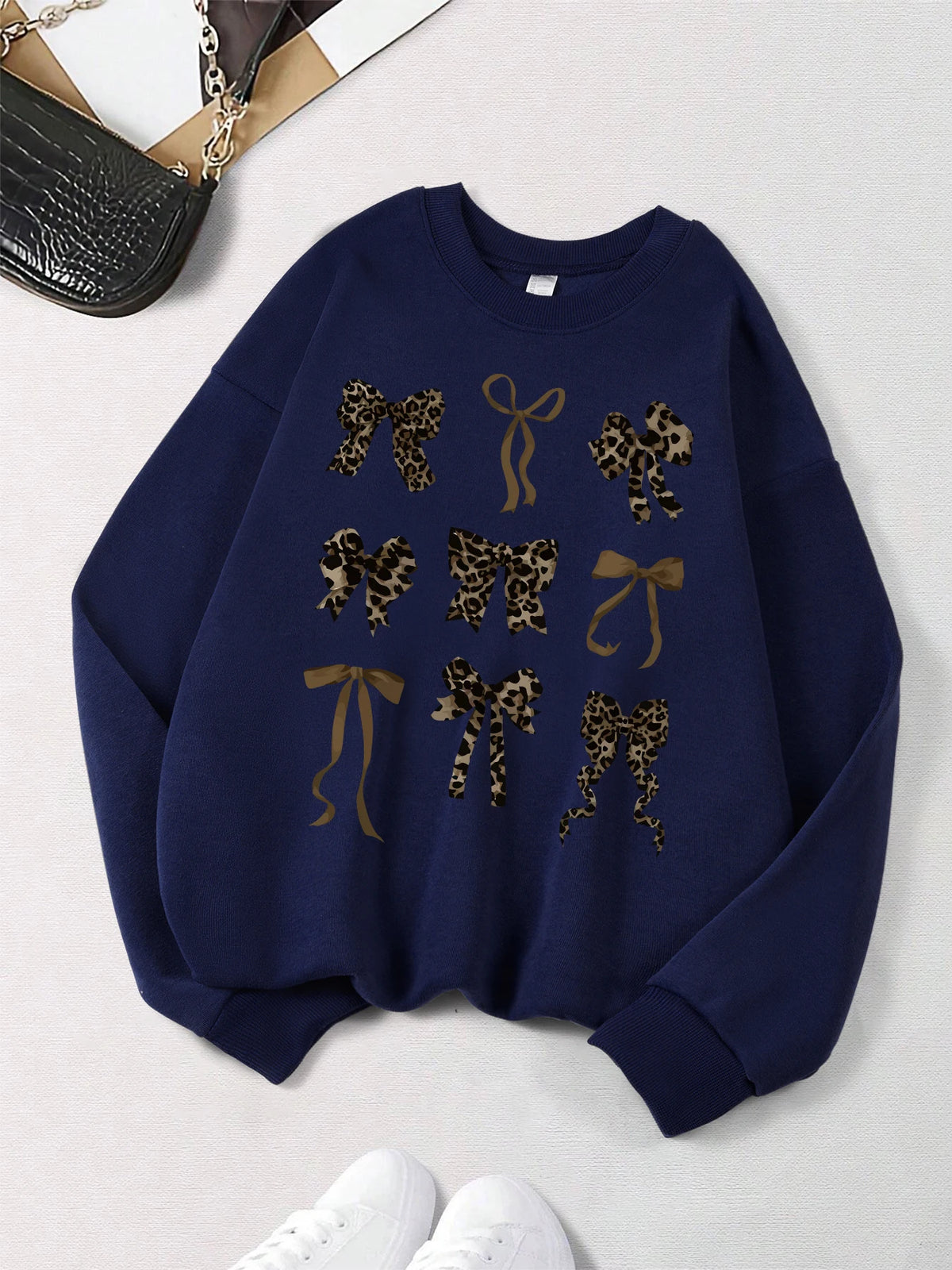 Retro Leopard Print Bow Printed Women Hoodies All-Match Comics Hoody Fleece Casual Clothes Street Hip Hop Pullover Woman