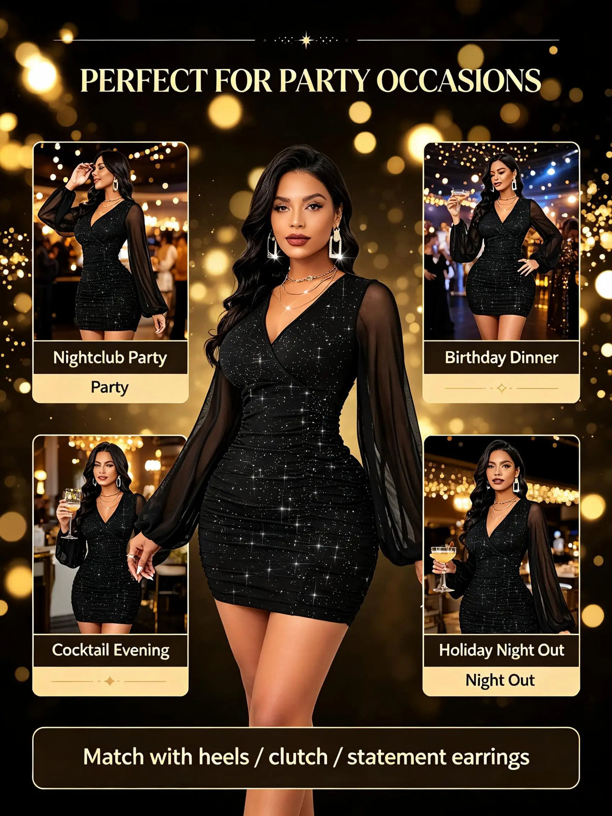 Women Sexy Elegant V-Neck Lantern Sleeve Mesh Patchwork Ruched Bodycon Sparkly Dress Black
