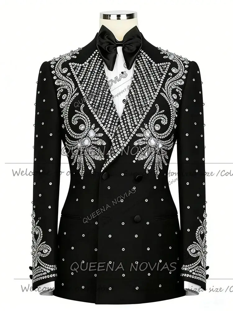 Exclusive Beaded Crystals Suits Men For Wedding Double Breasted Jacket Pants 2 Piece Set Rhinestone Groom Tuxedos Ropa Hombre