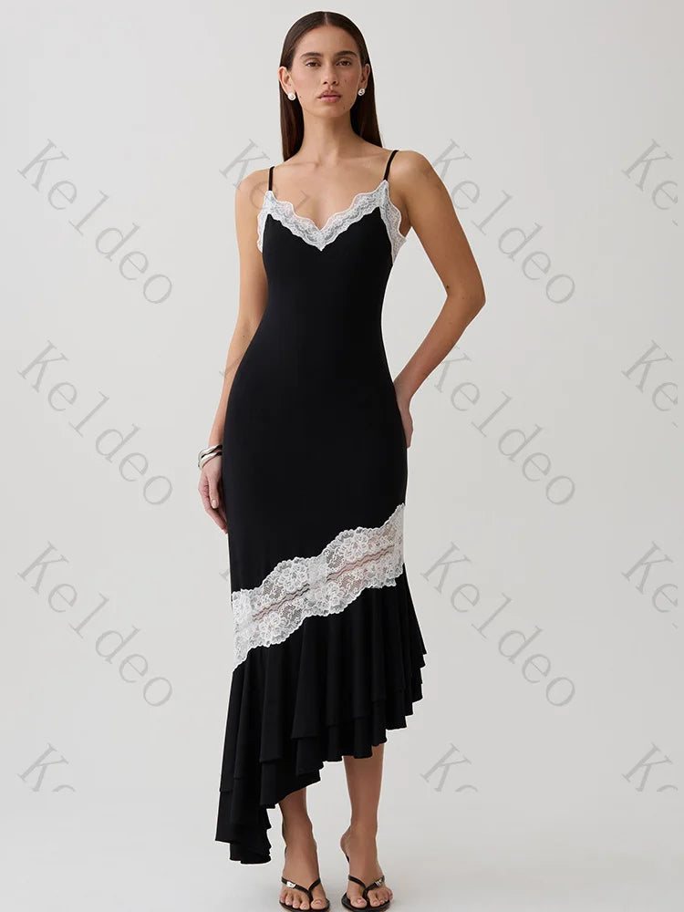 Customized Spaghetti V-neck Sleeveless Mermaid Evening Dresses Patchwork Lace Ruffles Draped Open Back Ankle Length Prom Party
