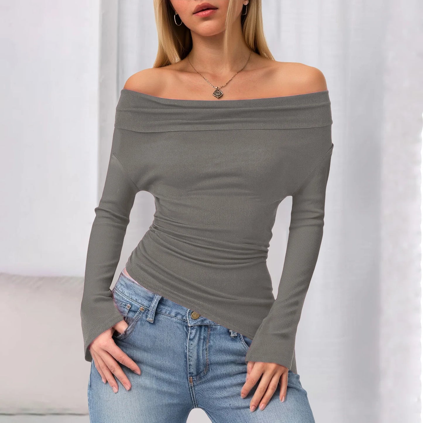 Y2k Aesthetic Simple Fashion Women's Tee Shirts Slash Neck Long Sleeve Solid Casual T-Shirts Vintage Off Shoulder Trendy Tshirts