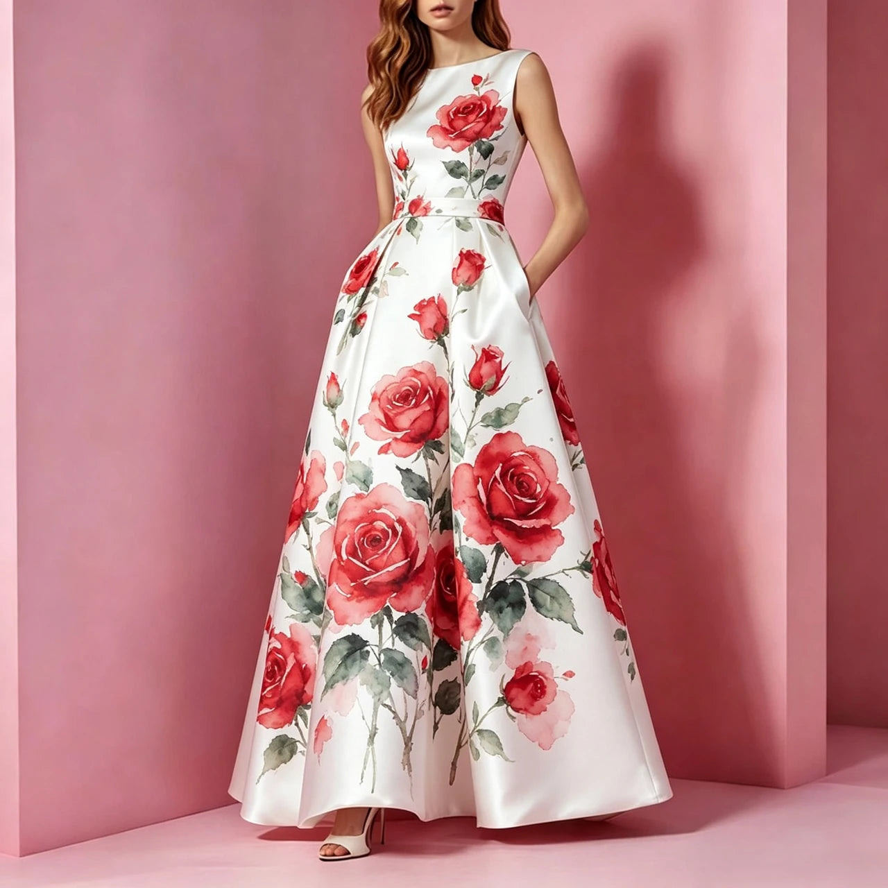 Fashion Wedding Guest Cocktail Long Dress for Women Flower Print Casual Elegant Sleeveless Party A-Line Evening Female Dress