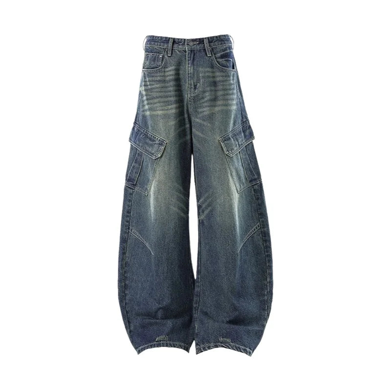 Washed American High Street Vintage Large Pocket Knife Jeans Men Women Loose Casual Long Pants Cat Drag Shape Jeans