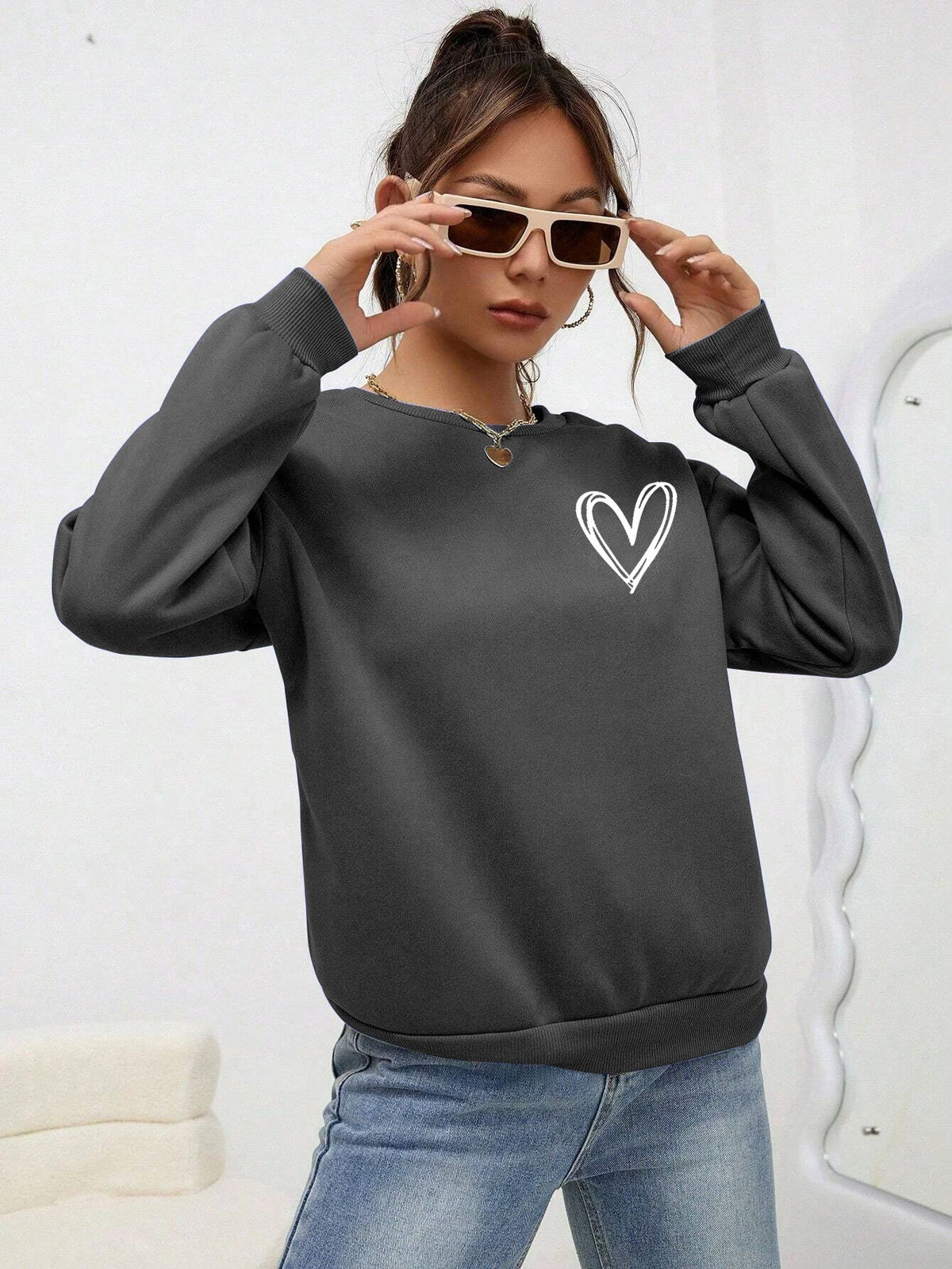 Simple Heart Pattern Printing Sweatshirts For Womens Casual Comfortable Crewneck Hoodies Loose Fleece Warm Sportswear Clothes
