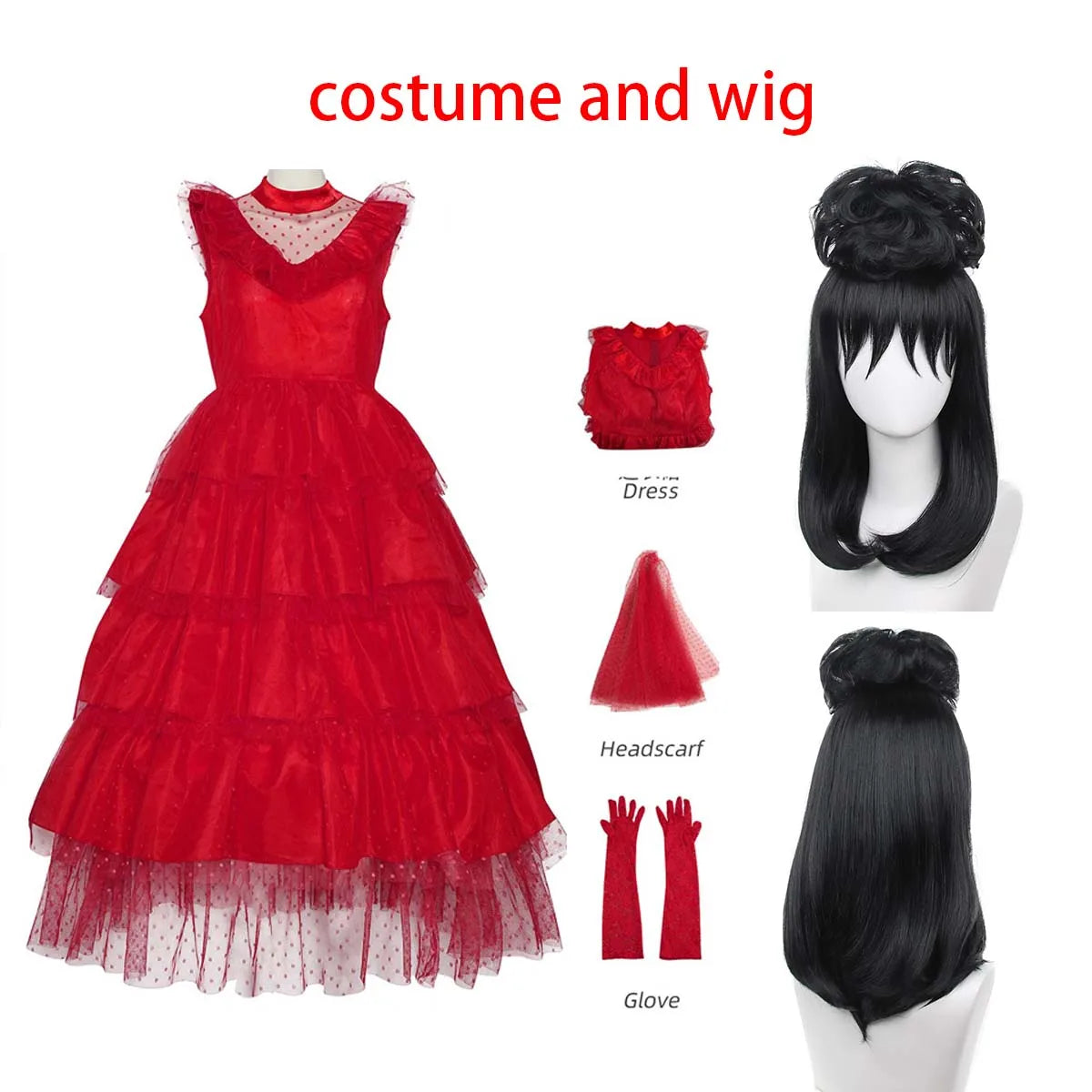 Lydia Deetz Costume with Gloves Scarf Lydia Women Wedding Dress Gothic Red Gown Halloween Outfits with Veil Beetle Bride Cosplay