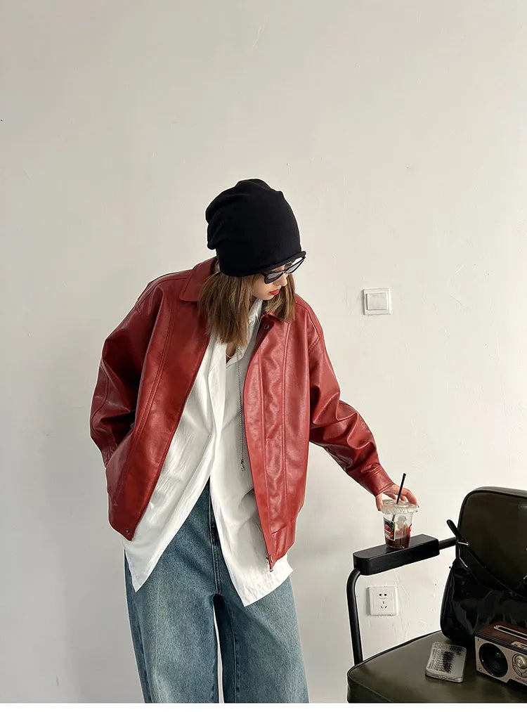 Punk Vintage Red Leather Jacket Women Streetwear Moto Biker Zipper Leather Jacket Female Winter High Street Chic Leather Coat