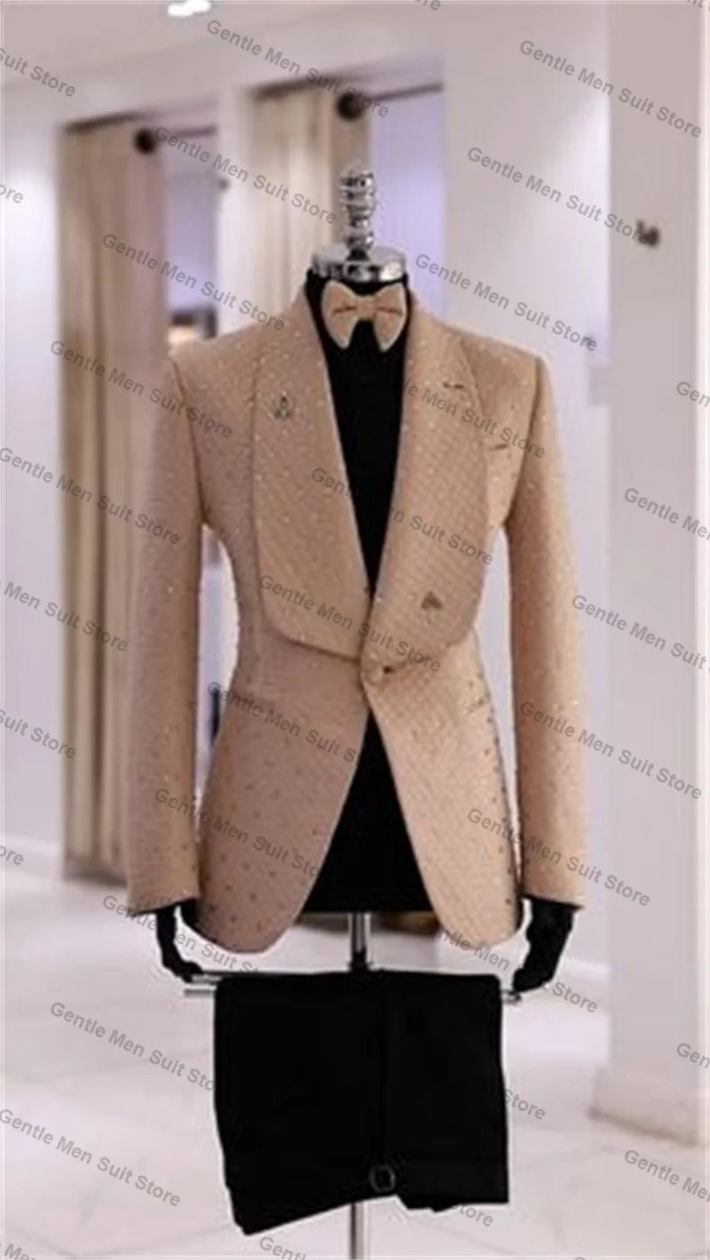 Crystals White Men Suits Set 2 Piece Blazer+Black Pant Wedding Tuxedo Coat Customized Formal Office Cotton Jacket Trousers