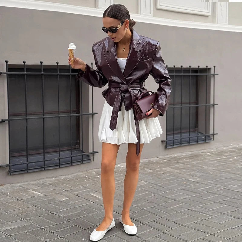 Glossy Lace-up Leather Jackets 2026 Autumn Female Lapel Shoulder Pad Full Sleeve Short Coat Women's Slim Waist-cinching Outwear