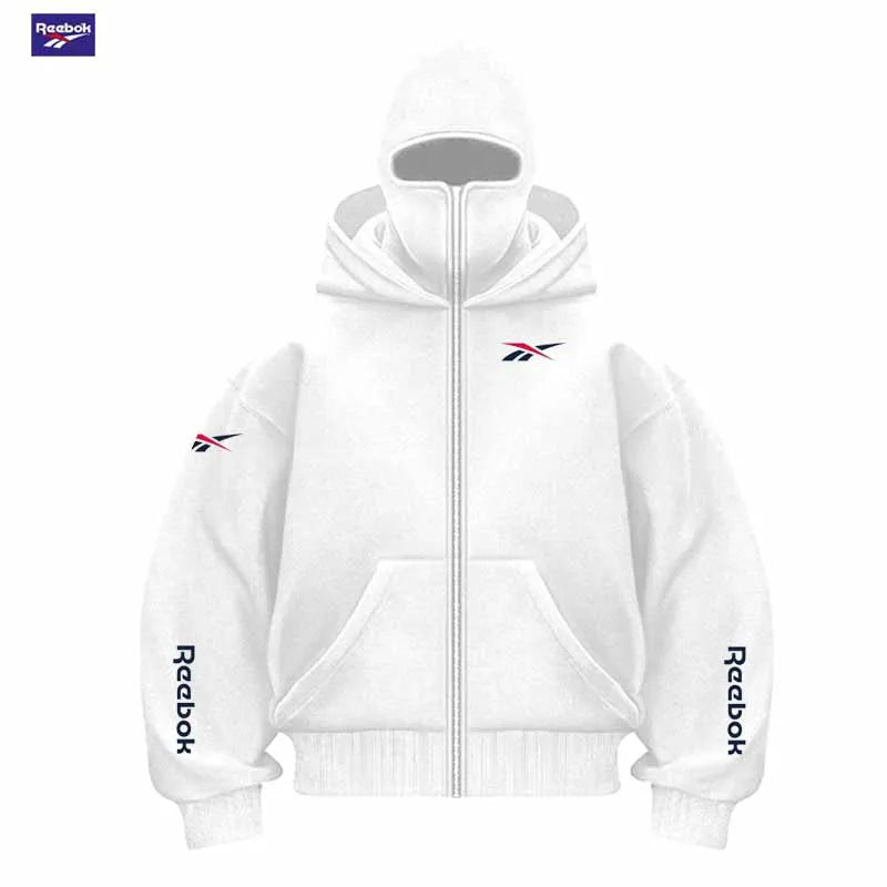 Reebok Men's New Fall/Winter Double-Pocket Hooded Sweater with Face Mask and Zipper Sports Outfit - Loose and Comfortable to Wea